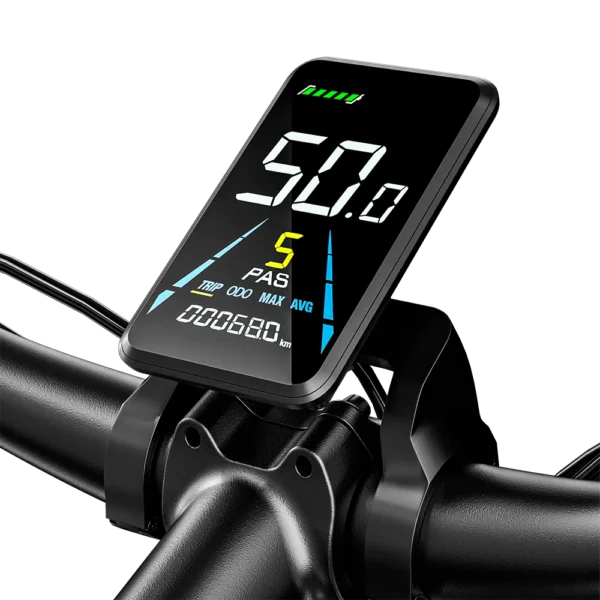 Écran LCD Yolin multicolore sur le S700 affichant vitesse, batterie, distance, mode d’assistance